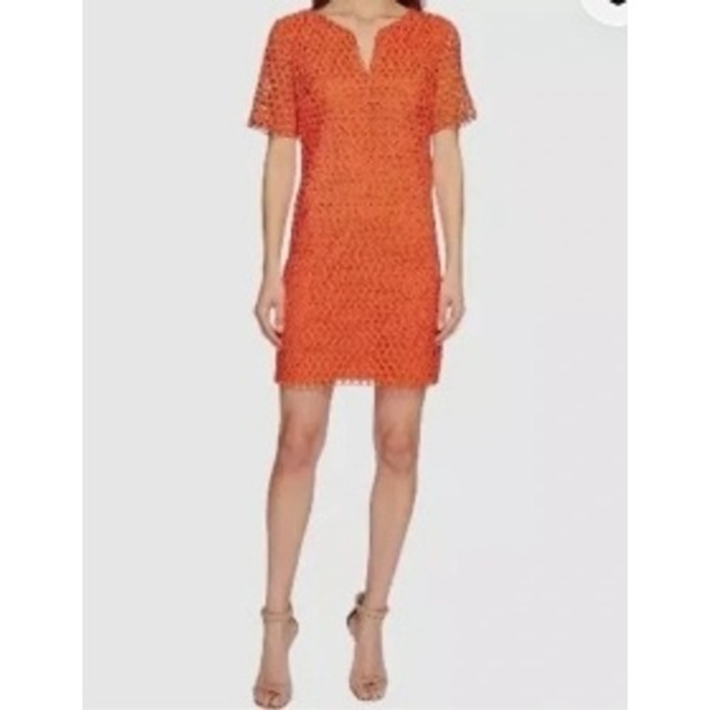 Trina Turk Red Orange Eyelet Lace Shift Dress Short Sleeve Notched V-Neck 181310